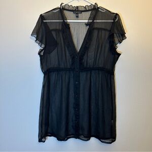 FANG Black Sheer Women's Button Blouse with Flutter Sleeves Size XL